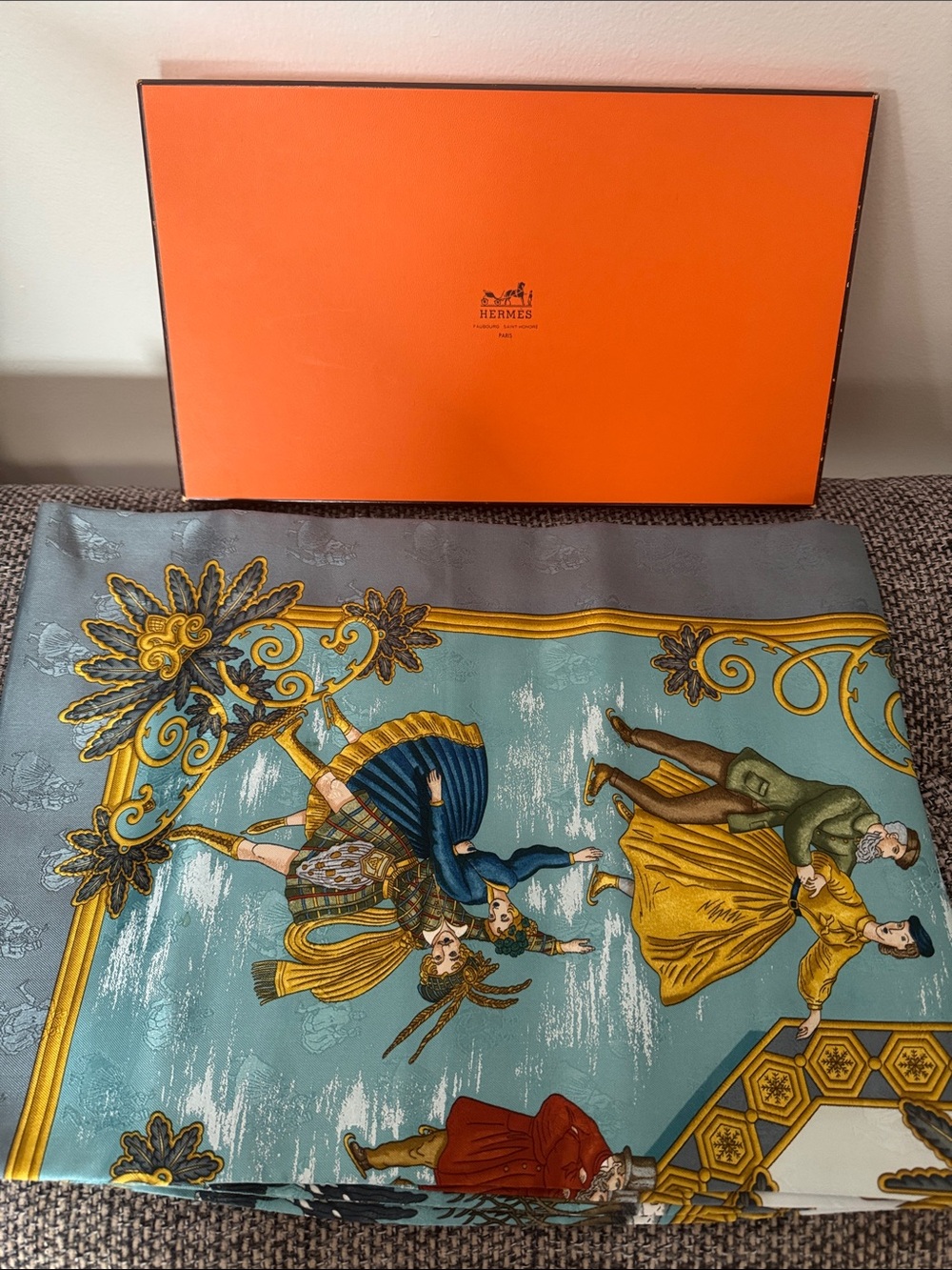 Hermes Silk Scarf in Teal, Gold, Yellow and Blue with Figurative Design